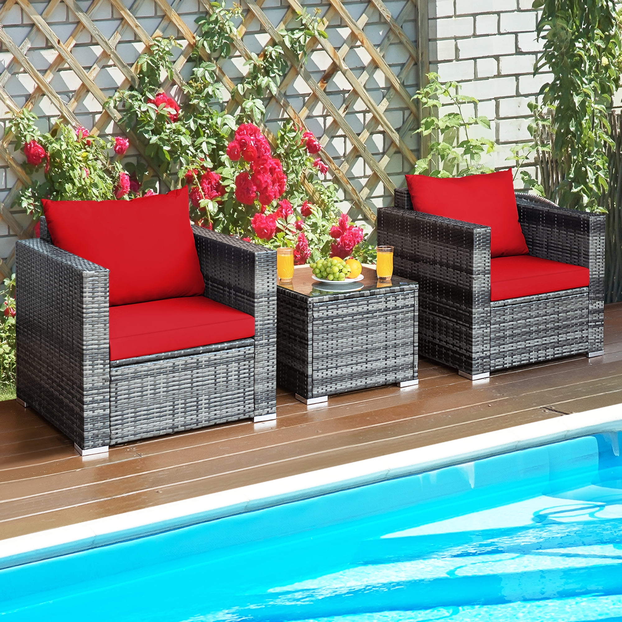 Gymax 3-Pieces Patio Conversation Rattan Furniture Set Outdoor with Red Cushion