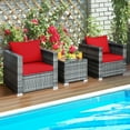 thumbnail image 1 of Gymax Ensemble de Conversation de Patio en Rotin 3 Pcs pour Extérieur Cour avec Coussin Rouge, 1 of 10