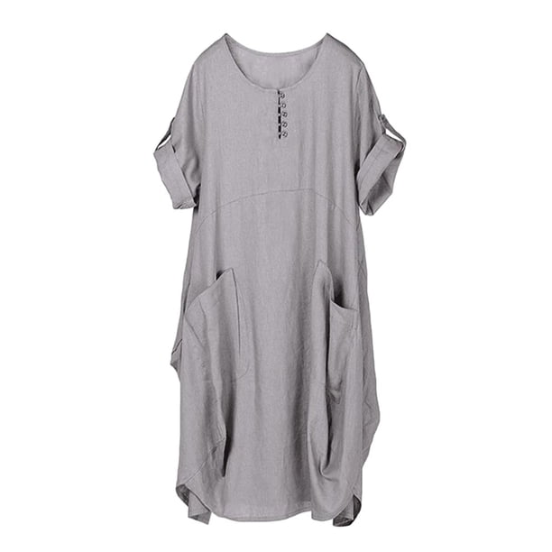 Qarigey Vestido suelto femenino manga corta primavera verano cuello Irregular Casual Color sólido vestidos hasta la rodilla Vestidos Gris METRO