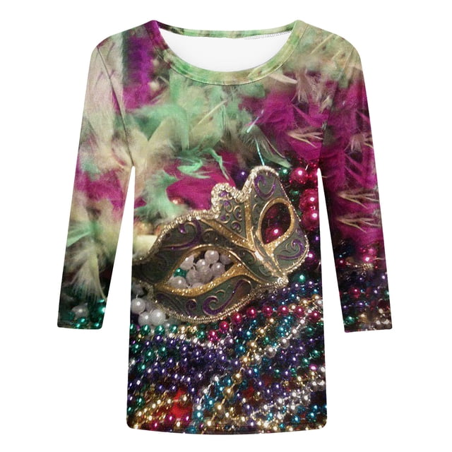 T-shirts de Mardi Gras pour Femmes Grande Taille, T-Shirts de Croisière de Carnaval, Masque Pailleté Graphique Vêtements de Mardi Gras Femmes Grande Taille, Mode T-Shirts à Imprimé Masque pour Femmes Manches 3/4 Col Rond Hauts de Carnaval