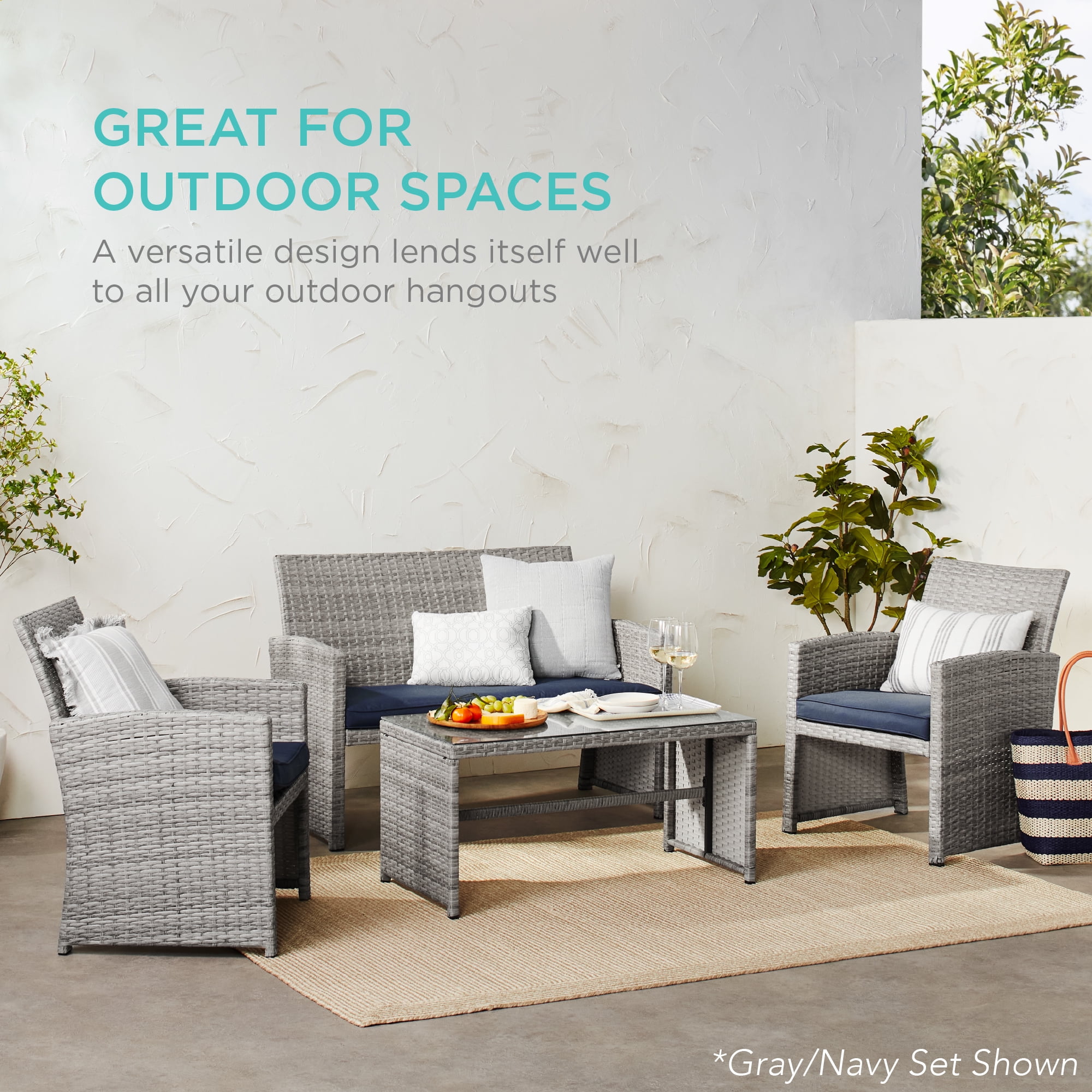 Best Choice Products 4-Piece Outdoor Wicker Patio Conversation Furniture Set w/ Table, Cushions - Black/Deep Burgundy