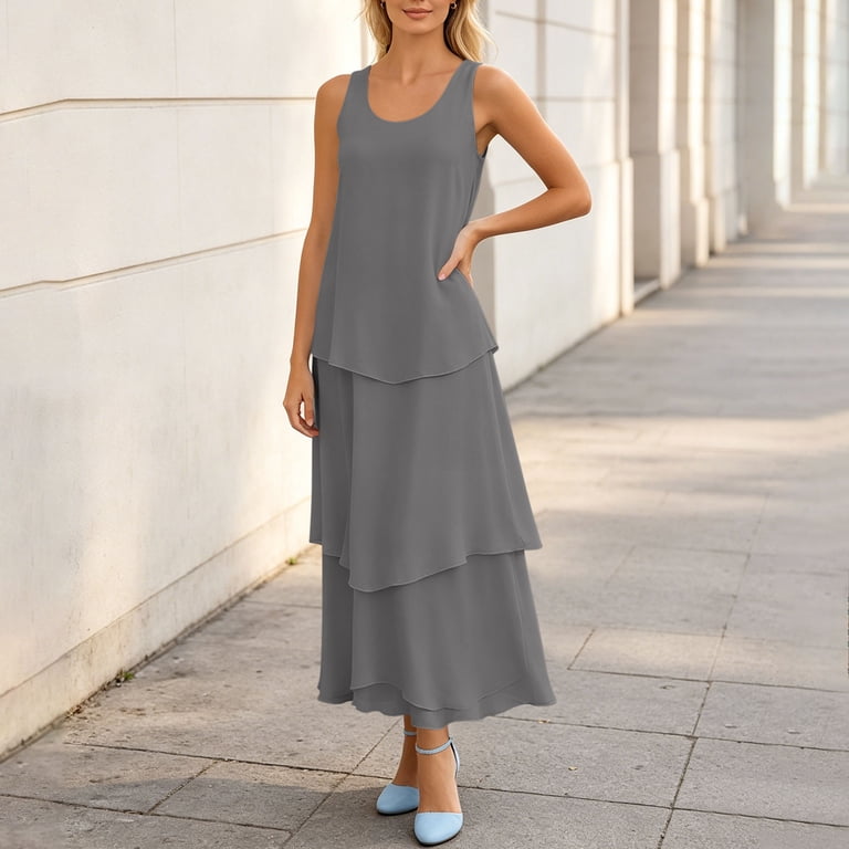 summer dresses graduation Asdoklhq Maxi for Women Dresses Fashion Women's Sleeveless Solid Tiered Chiffon Dress Casual Flowy A-Line Maxi Dress Gray 2X Celebrate your special moments in style and comfort Luneh Green Plus Size Maxi