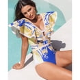 thumbnail image 3 of Flaxmaker Women Ruffle V Neck Pattern Print One Piece Swimsuit and Sarong or Pants Bathing Suits Full Coverage Swimwear, 3 of 8