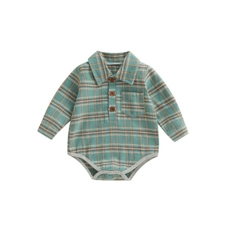 

xingqing Newborn Baby Boy Girl Buffalo Plaid Romper Flannel Long Sleeve Button Down Shirt Bodysuit Fall Winter Outfit Cyan 6-12 Months