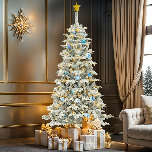 LYYHTY 6.5ft Pre-Lit Snow Flocked Artificial Christmas Tree with 350 LED Lights&11 Lighting Modes,760 PE & PVC Branch Tips,Hinged Design,Foldable Metal Stand,White Layered Xmas Tree for Home&Holiday