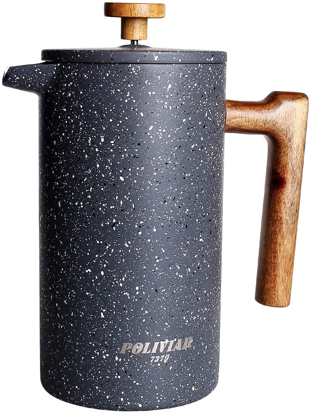 POLIVIAR French Press Coffee Maker, 34 Ounce Coffee Press with Teak Wood Handle, Double Wall