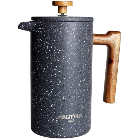 POLIVIAR French Press Coffee Maker, 34 Ounce Coffee Press with Teak Wood Handle, Double Wall Insulation & Dual-Filter Screen, Food Grade Stainless Steel for Good Coffe and Tea (Lava)