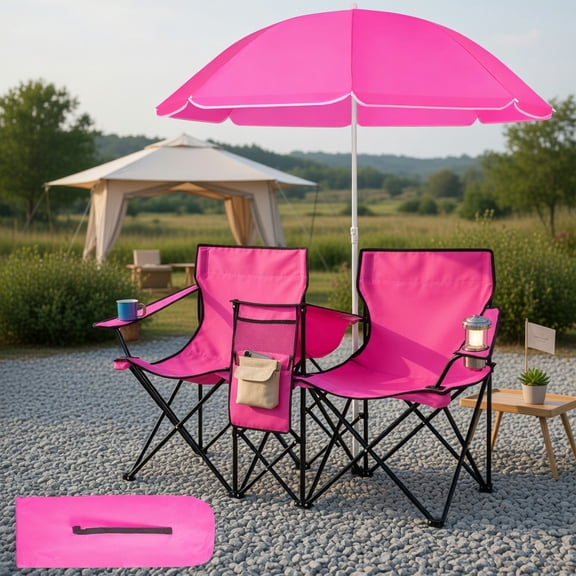 Topcobe Portable Folding Picnic Double Chair With Removable Umbrella, Outdoor Camping Equipment for Travel, Picnic, Party-Pink