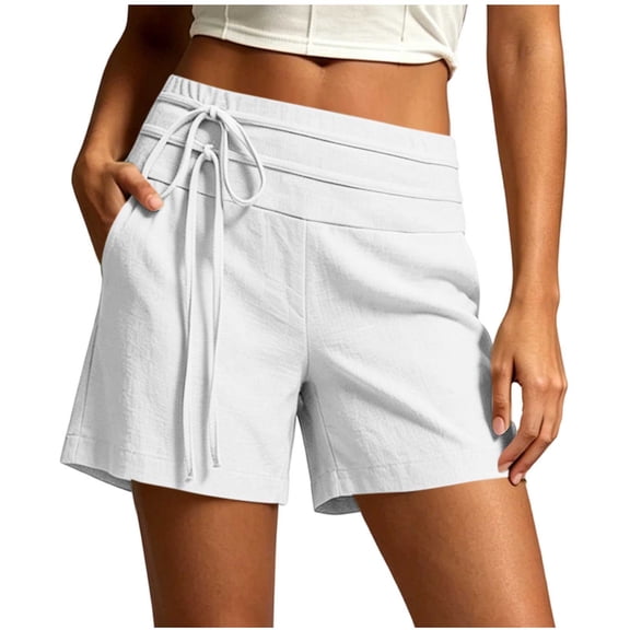 Costeam Womens Solid Faux Linen Bermuda Shorts Dual Layer Fold Over Drawstring Waist Side Inset Pockets Loose Mid Thigh Breathable Woven Fabric Casual Cropped Bottoms