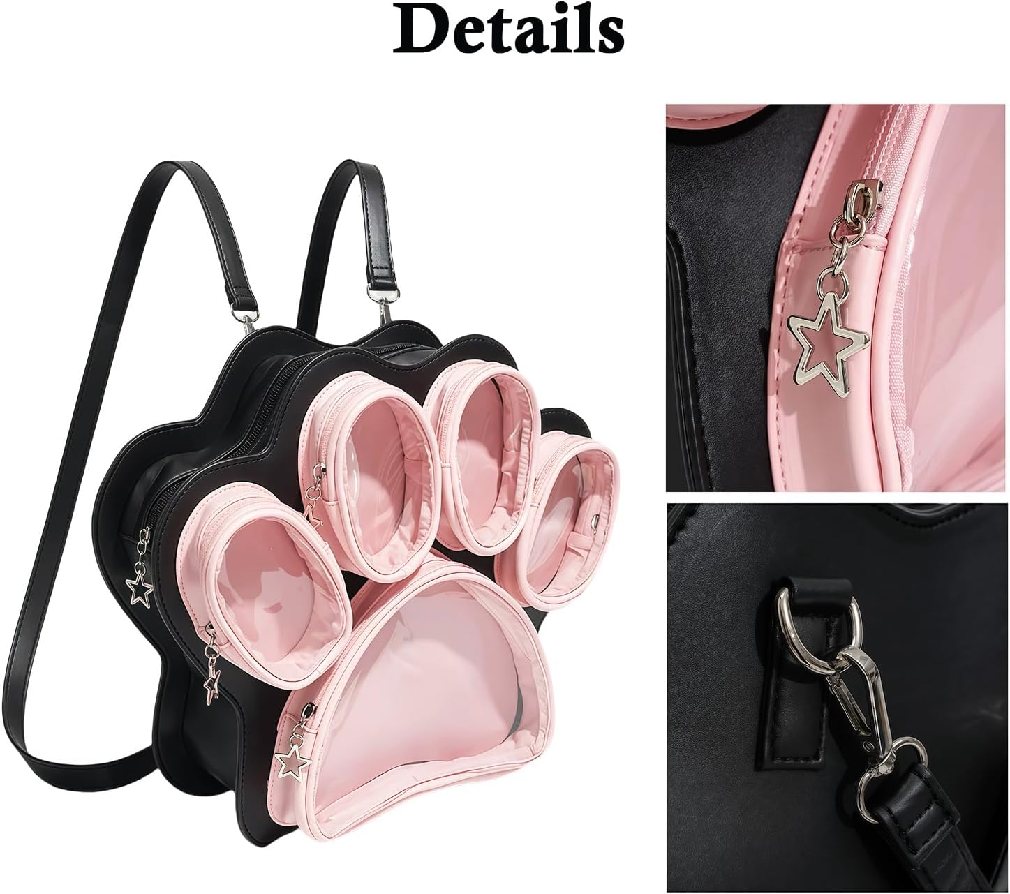 Kawaii Cat Paw Ita Bagpack with Clear Window & Detachable Strap, Anime Pin Display Backpack, Multifunctional Doll Display for Collectibles, Cute Black Pink Aesthetic Shoulder Bag for Gift