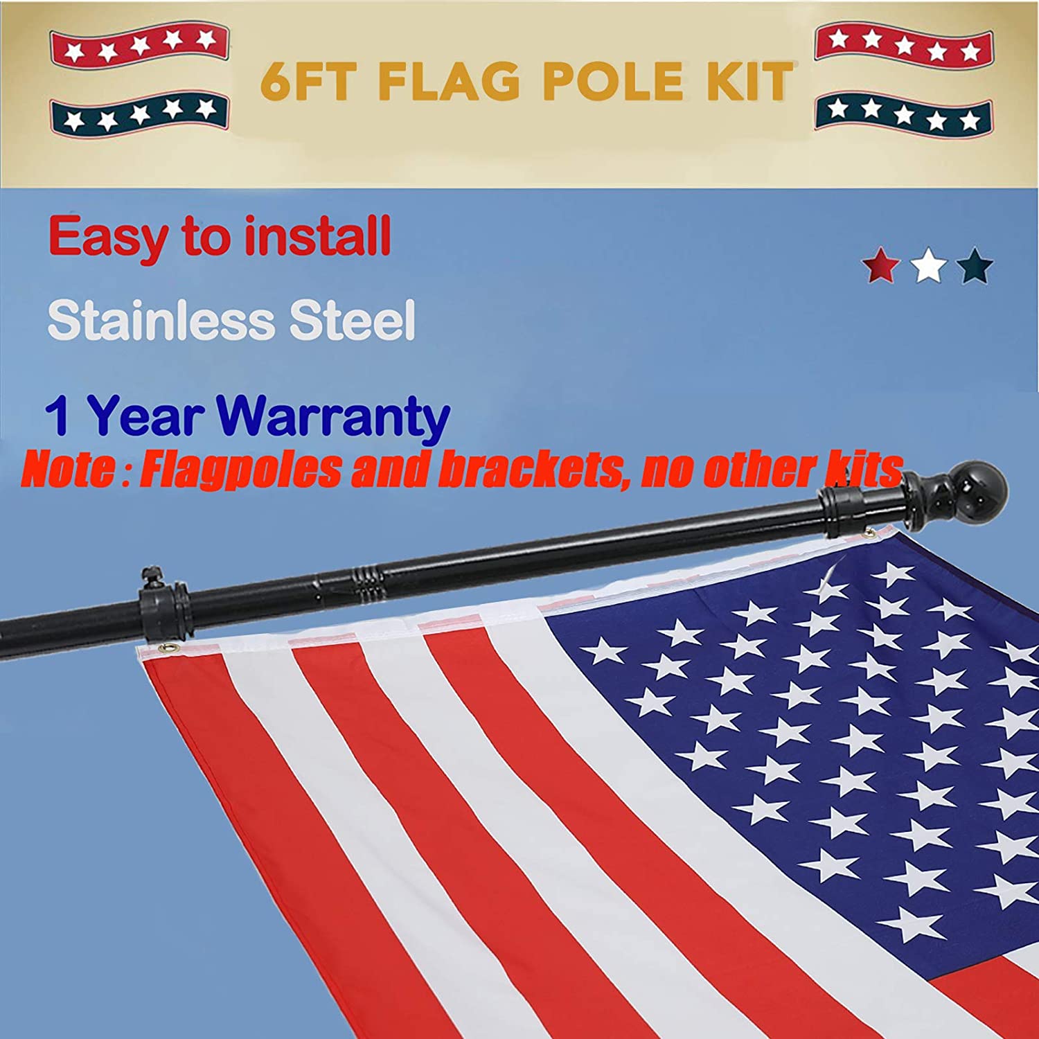 DIIG 6FT Flag Pole Kit For American Flag, Stainless Steel Rustproof FlagPoles And Mounting Bracket For Outdoor Residential House Garden Yard Truck-Black Color