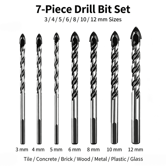 Vruelia Carbide Drill Bit Set for Porcelain Ceramic Tile, Concrete, Brick Wall, Glass, Mirrors, Plastic Masonry and Wood (3 4 5 6 8 10 12mm)