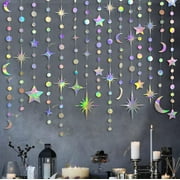 Iridescent Star Moon Circle Dot Garland Party Decoration Kit Hanging Crescent and Twinkle Little Star Streamer Bunting Banner for Kids First Birthday Ramadan EID Mubarak Baby Shower Wedding Decor