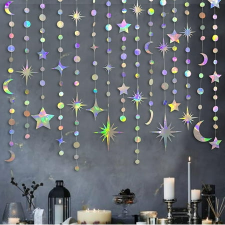 Iridescent Star Moon Circle Dot Garland Party Decoration Kit Hanging Crescent and Twinkle Little Star Streamer Bunting Banner for Kids First Birthday Ramadan EID Mubarak Baby Shower Wedding Decor