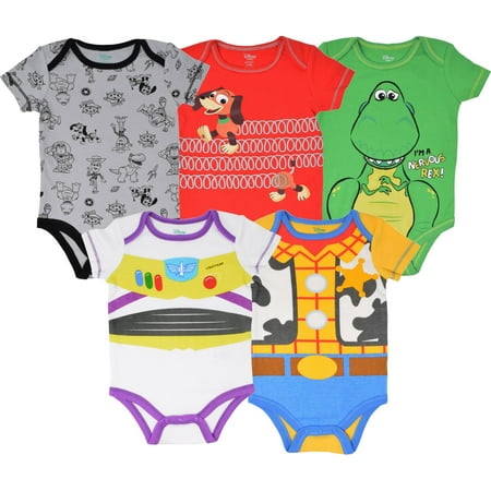 Disney Pixar Toy Story Woody Buzz Lightyear Slinky Dog Newborn Baby Boys 5 Pack Bodysuits Newborn to Infant