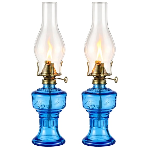2 Pcs Chamber Oil Lamps, Vintage Blue Kerosene Lamps with Adjustable Wick, Retro Rustic Glass Hurricane Oil Lanterns for Home Decor, Emergency Lighting, 12.6" High