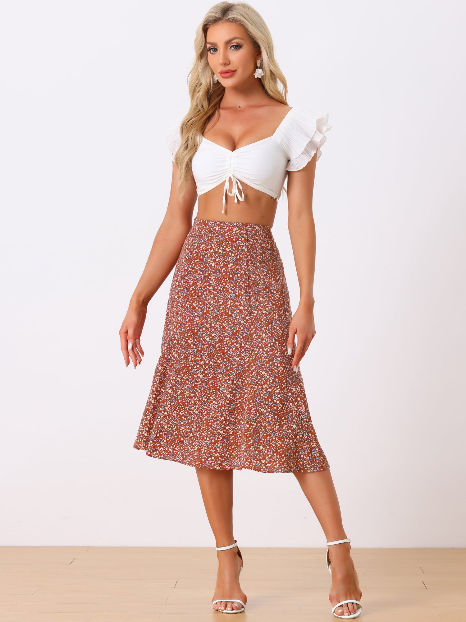 DARING DIVA Women's Elastic Waist A-Line Floral Print Midi Skirt XS Red