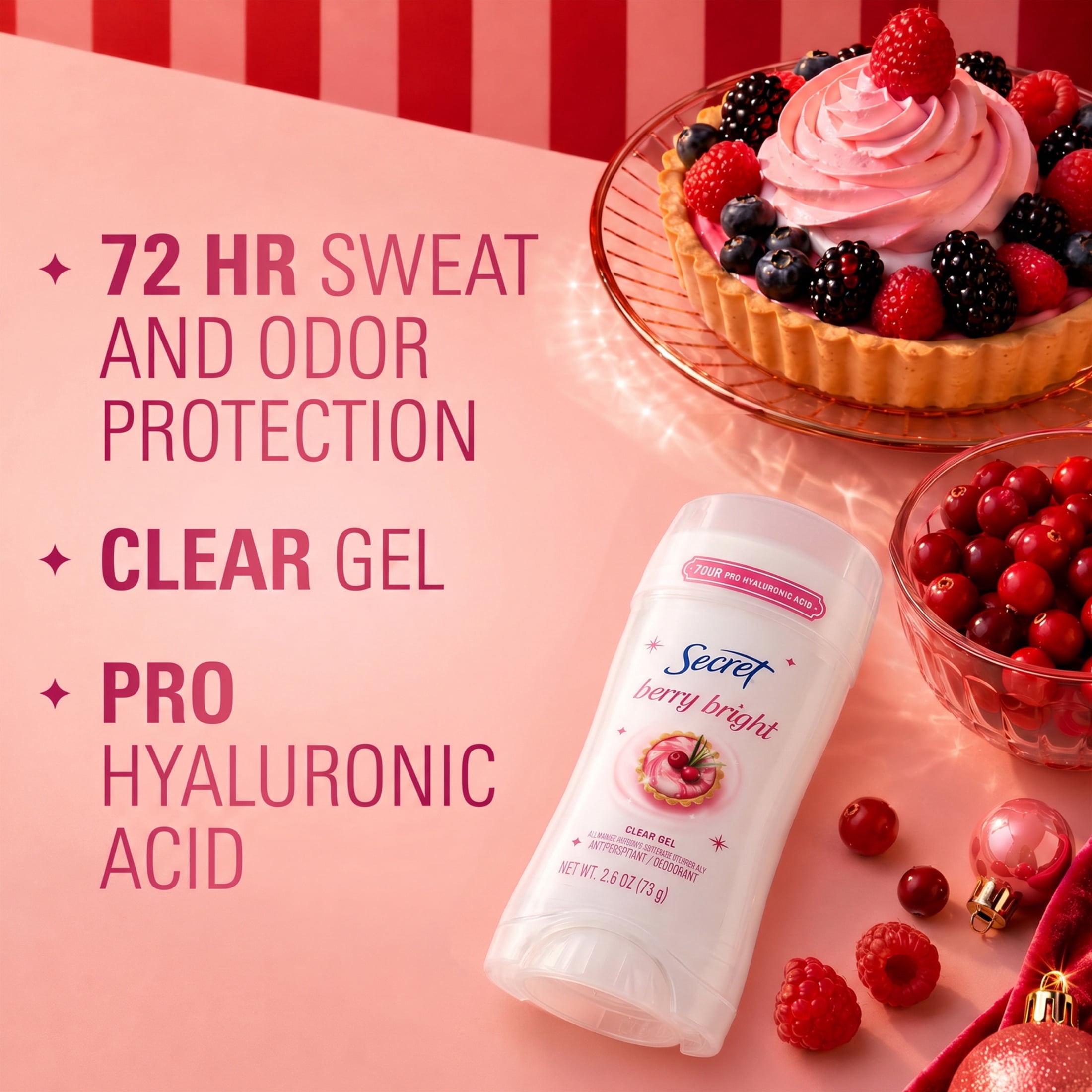 Secret 72HR Holiday Fresh Antiperspirant & Deodorant, Pro-Hyaluronic Acid, Clear Gel, Berry Bright 2.6oz