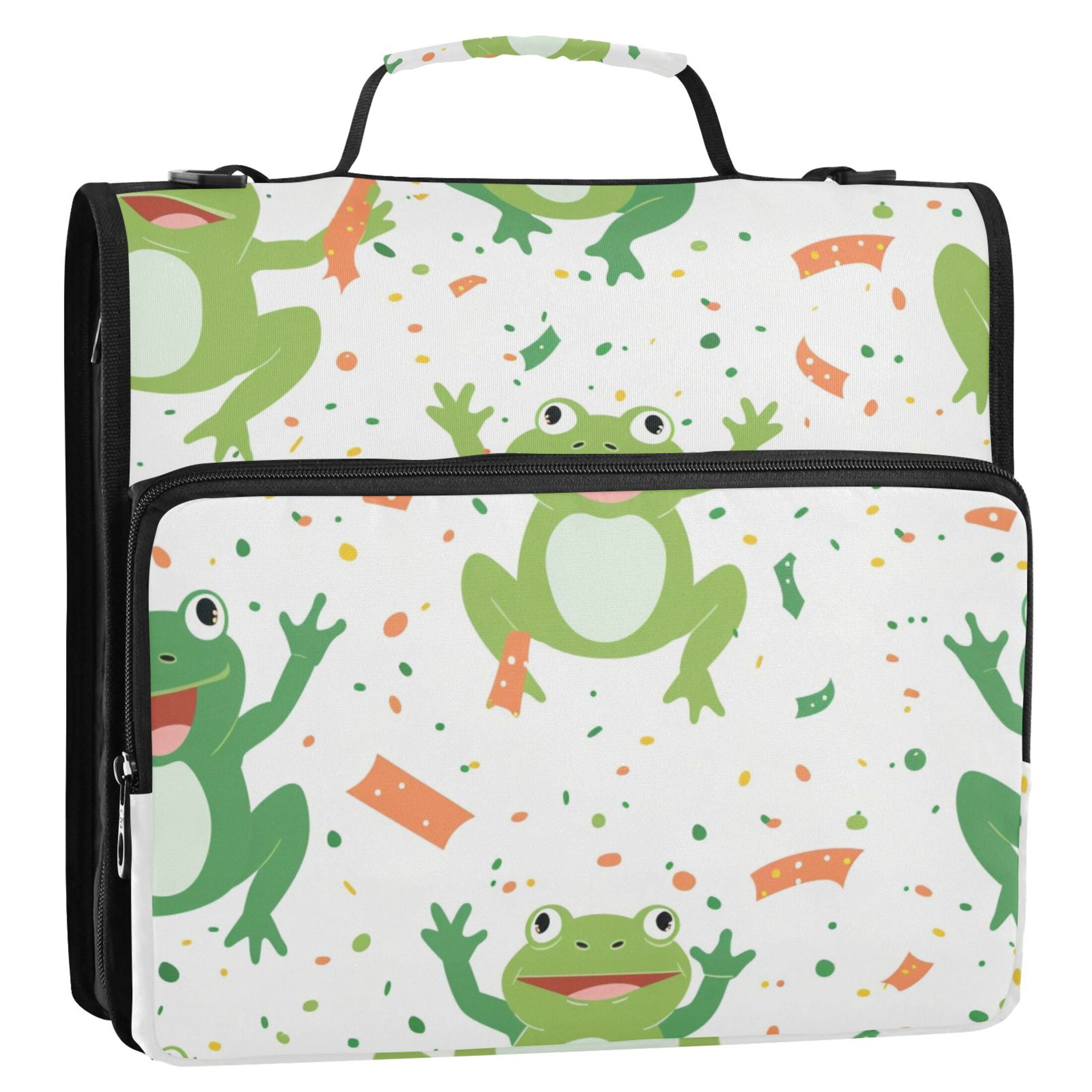 3 Ring Zipper Binder with Shoulder Strap Waterproof Trapper Keeper 2 Inch D-Ring 500 Sheets Capacity Cute Cartoon Frogs with Confetti