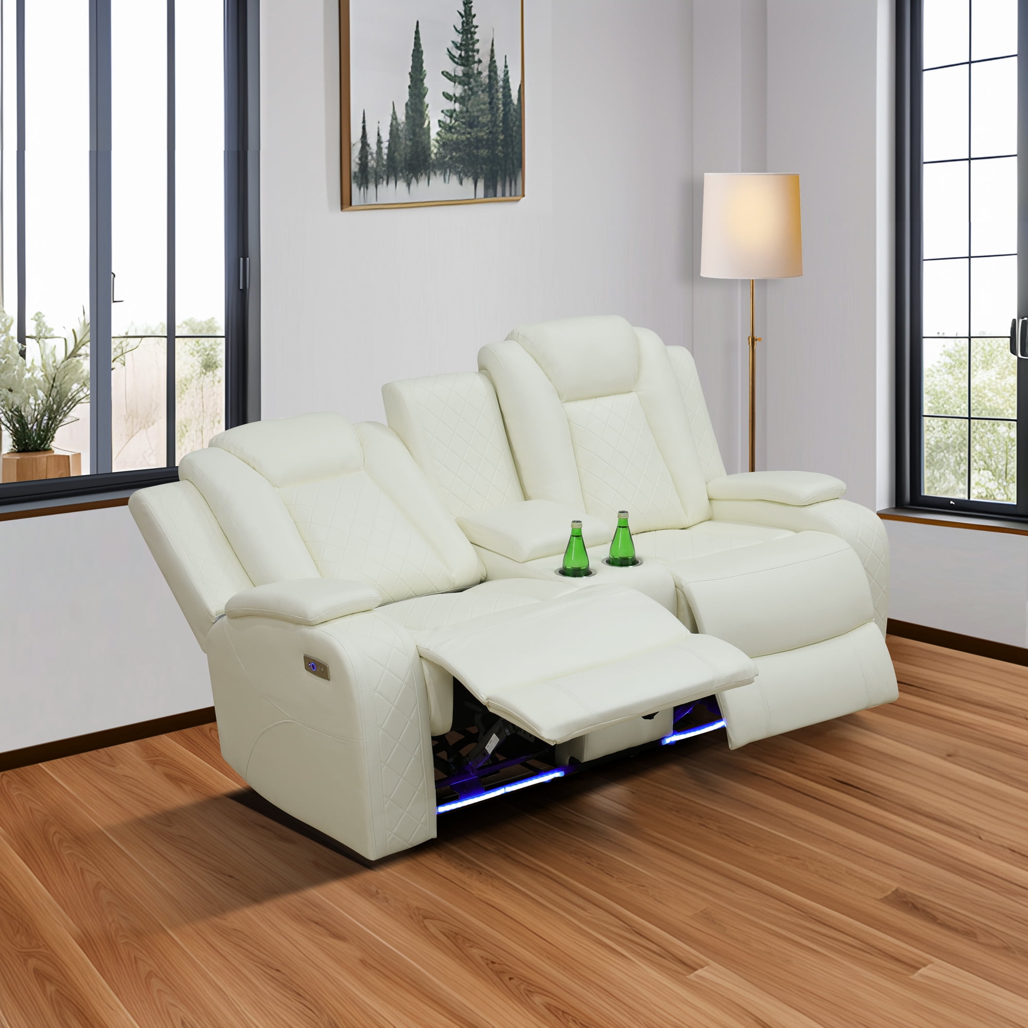 Gewnee Power Recliner Sofa Sectional Couch with LED Light for Living Room,Air Leather Reclining Loverseat and Sofa with Cup Holder Storage Console for Home Theater