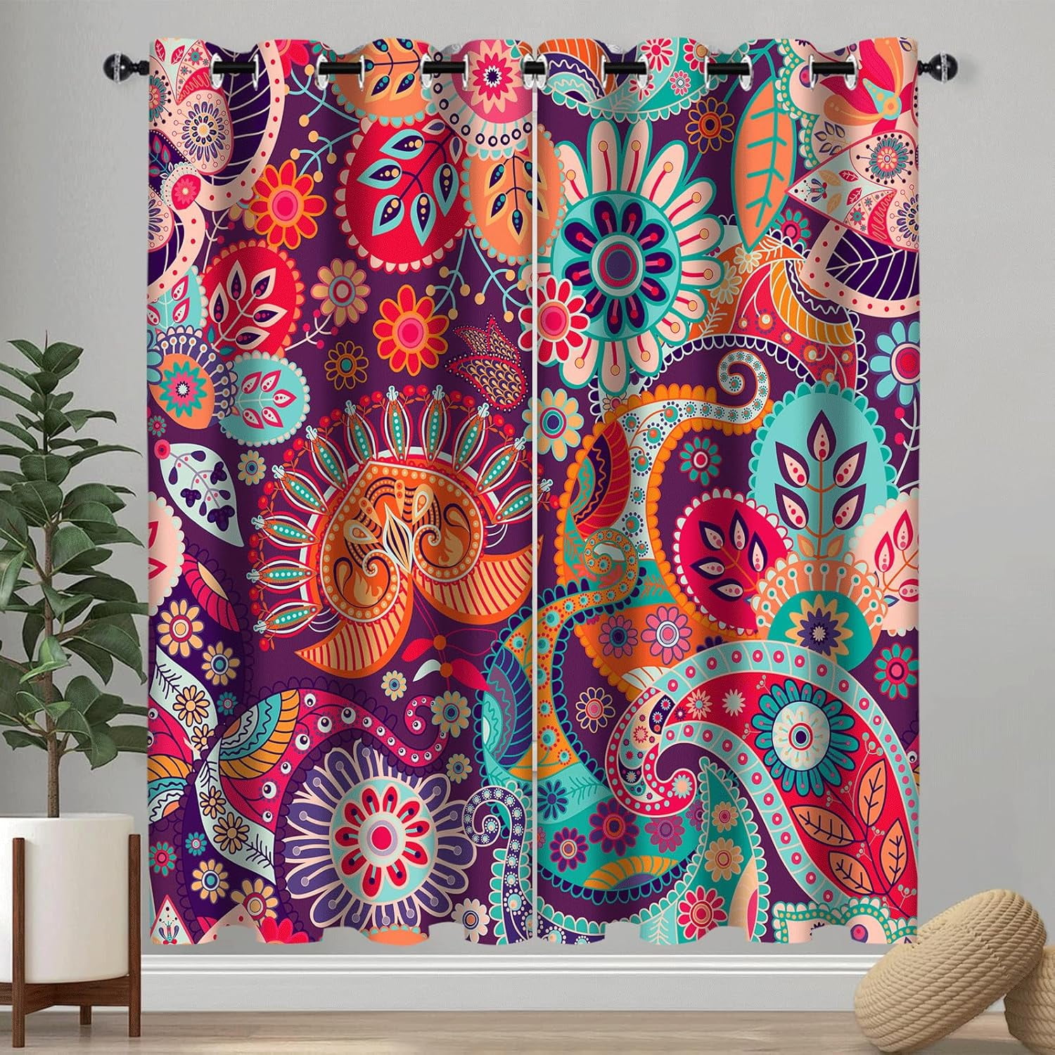Boho Floral Blackout Window Curtains, Colorful Mandala Flower Aesthetic Art Living Room Bedroom Decor Insulated Thermal Curtain Darkening Grommet Window DrapesTreatments, 2 Panels 52x84 Inch
