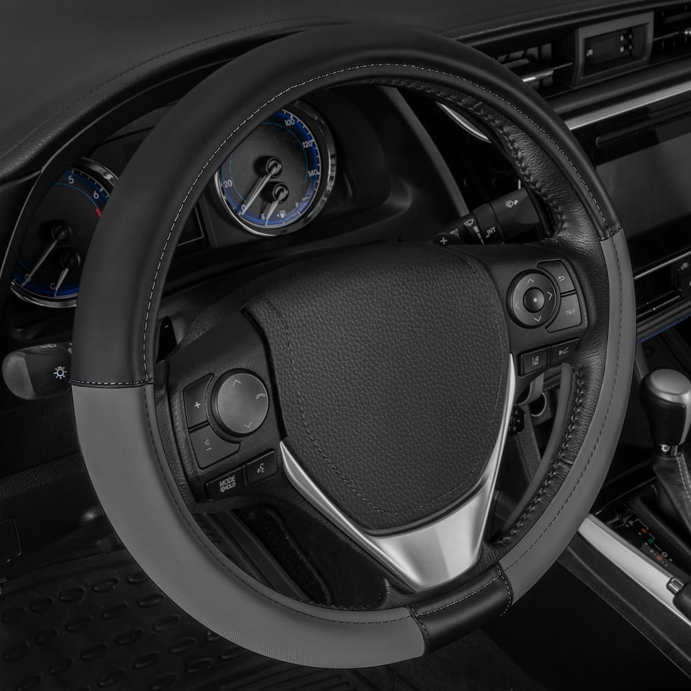 CATERPILLAR Two Tone Ergonomic Soft Leather Grip Steering Wheel Cover - Strong, Durable and Comfortable Universal Size 14.5-15.5" (Dark Gray / Black)