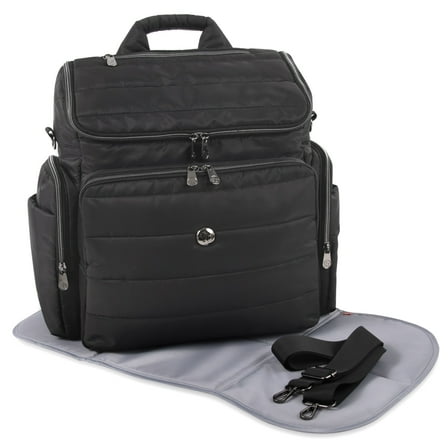 Fisher-Price Madison Crossbody Tote and Diaper Bag Backpack with Matching 6-Ply Fold Changing Pad, Insulated Bottle Pocket, Electronics Pocket, Stroller Straps and Dual Zipper Closure in Black