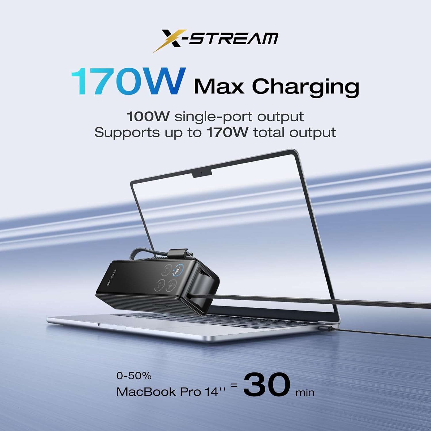 EF EcoFlow Rapid Power Bank, 25,000mAh, 100W Built-in and Retractable Cables, 170W Portable Charger with Triple 100W USB-C Port, Compatible with iPhone Series, Samsung, Laptop and More, Black