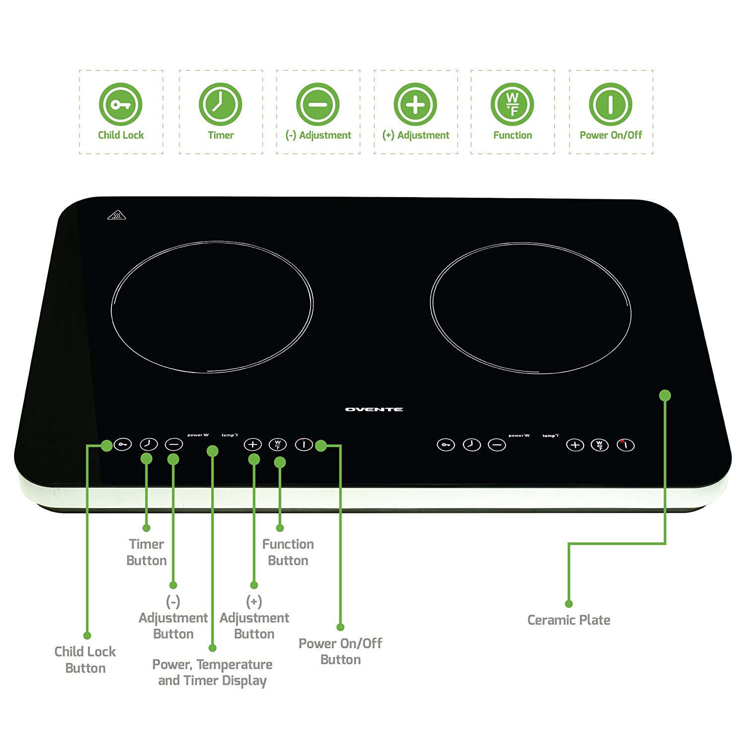 Ovente Electric Ceramic Double Induction Cooktop Burner 7.1 Inch Portable Hot Plate 1800 Watt with 8 Temperature Settings 5 Timer Levels, LED Digital Display Panel & Auto Shutoff Function, Black BG62B