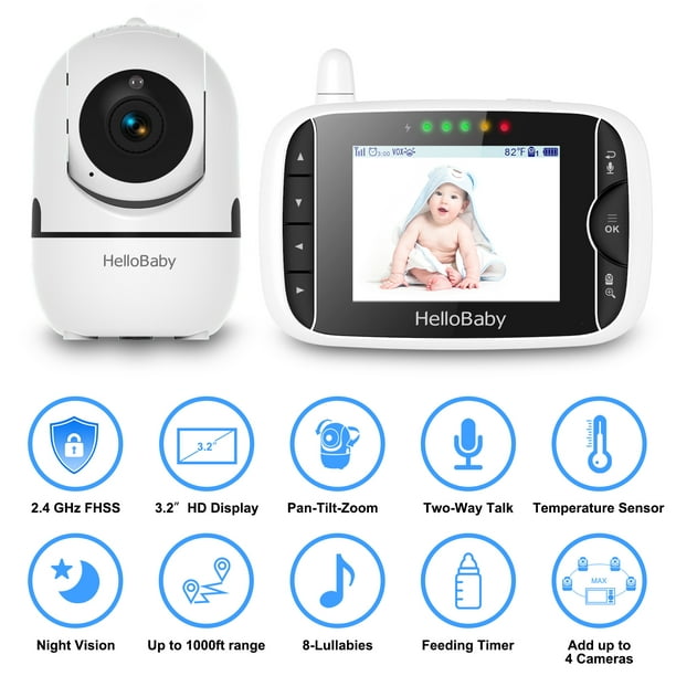 HelloBaby Baby Monitor with Remote Pan-Tilt-Zoom Camera and 3.2'' LCD  Screen, Infrared Night Vision (Black)