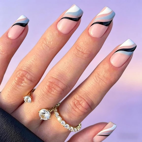 24Pcs Medium Square Press On Nails, Nude Blue Black White Wave Striped Fake Nails, Reusable Wearable Nail Tips Kit for Daily Office Casual Party DIY Manicure Decor