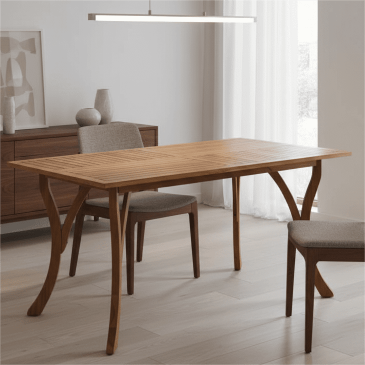 Table de salle à manger d'extérieur Homy Casa en acacia toutes saisons, 150 cm, à lattes, quincaillerie antirouille, adaptée au climat canadien.