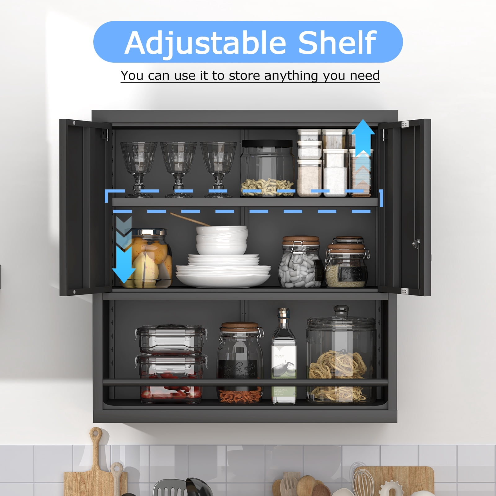 Kitchen Pantry Cabinet with Adjustable Shelves & 2 Doors,Metal Storage Cabinet with Locker for Kitchen,Living Room,Dining Room,Office,Black