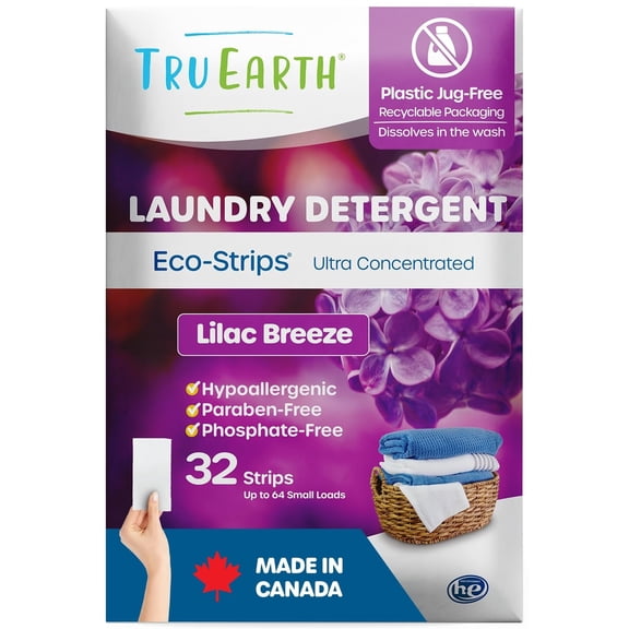 Tru Earth Compact Dry Laundry Detergent - Up to 64 Loads (32 Sheets) - Paraben-Free - Original Eco-Strip Liquidless Detergent, Travel Sheets - Lilac Breeze | Packaging May Vary