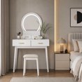 thumbnail image 2 of Small Makeup Dressing Table Vanity Set with Round 3‑Color Dimmable LED Lighted Mirror, 4 Storage Drawers, Solid Wood Legs and Cushioned Stool for Compact Bedroom,Black, 2 of 7