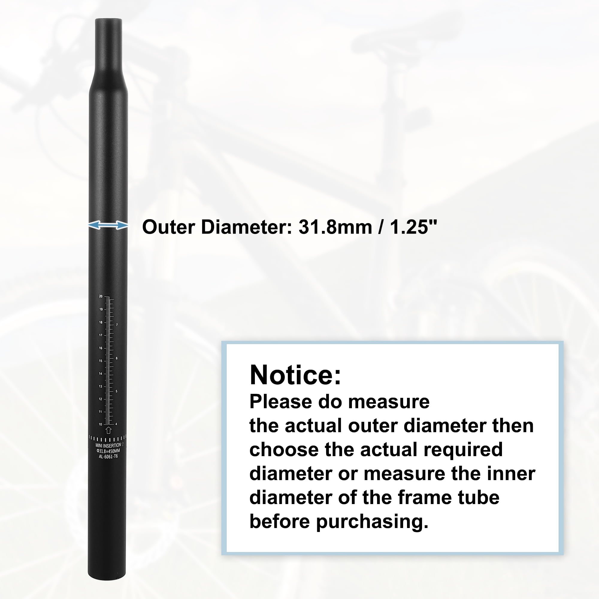 Unique Bargains Bicycle Seat Post Aluminum Alloy Seat Tube with Scale Mark Black 17.72"x1.25"