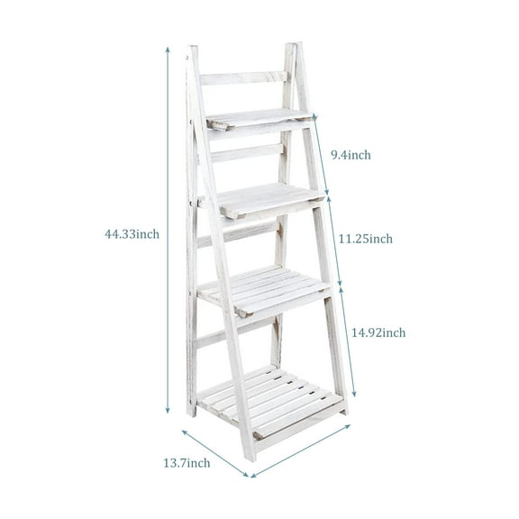Whitewashed Wood Plant Stand and Bookcase, Decorative Storage Rack 4 - Tier Ladder Shelf