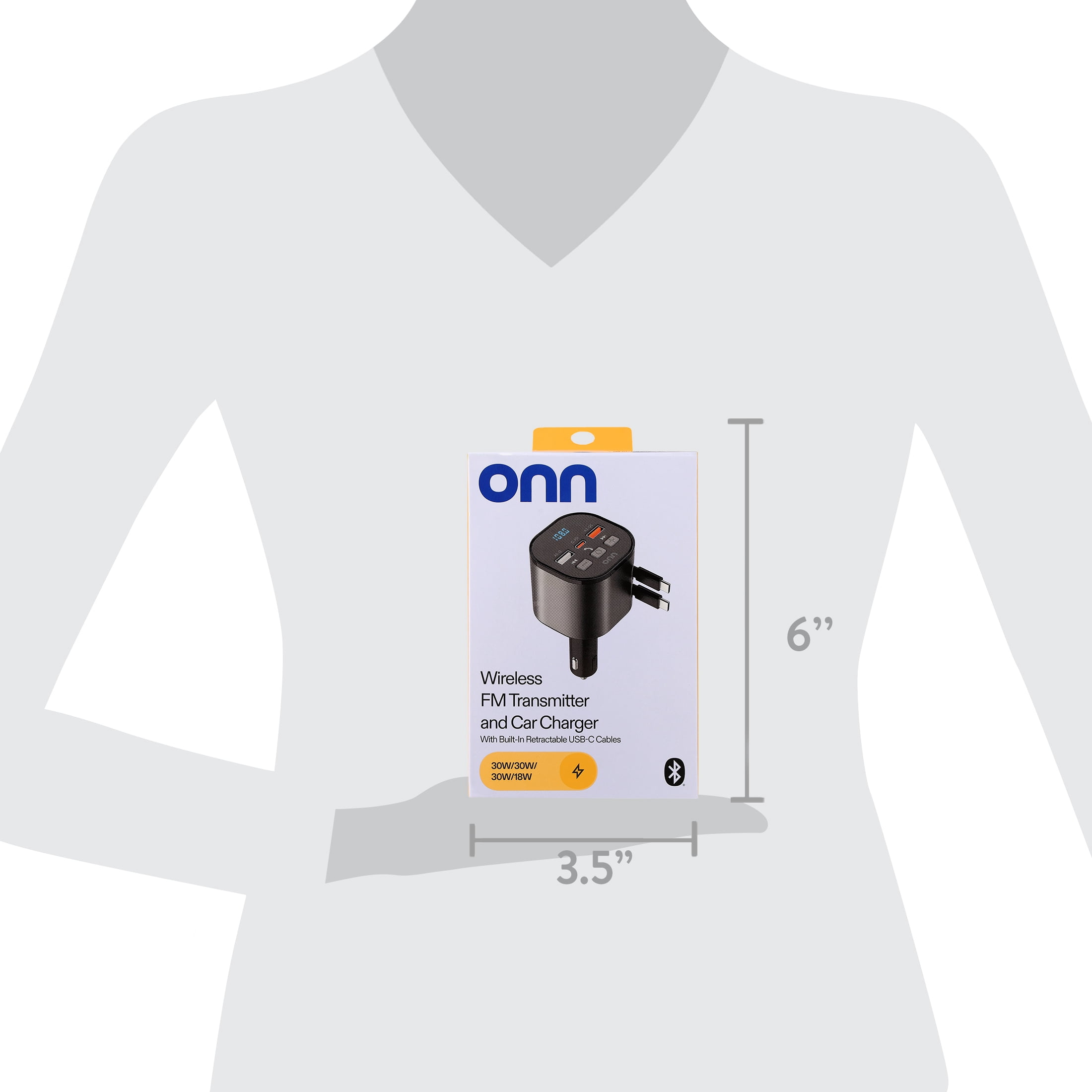 onn 30W/18W Wireless FM Transmitter and Car Charger with Retractable USB-C Cables