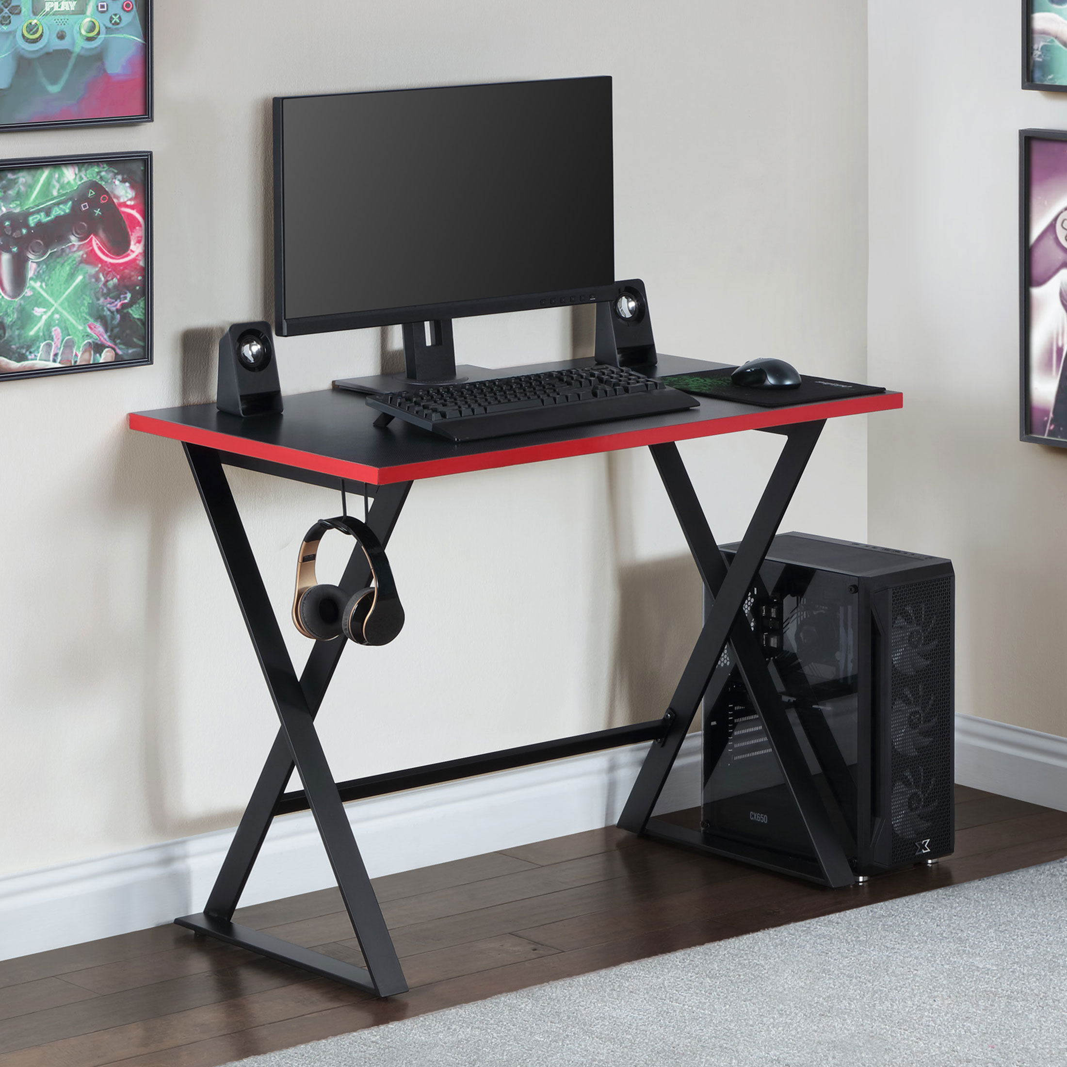 Gamer Gear Jr. Gaming Desk with LED Lighting, Teens and Kids, Red and Black