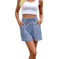 thumbnail image 2 of Siminsem Womens Casual Summer Long Shorts Five Point Pants Striped Cotton Blend High Waisted with Pockets Elastic Waist Drawstring for Vacation Beach Daily Wear, Blue, L, 2 of 6