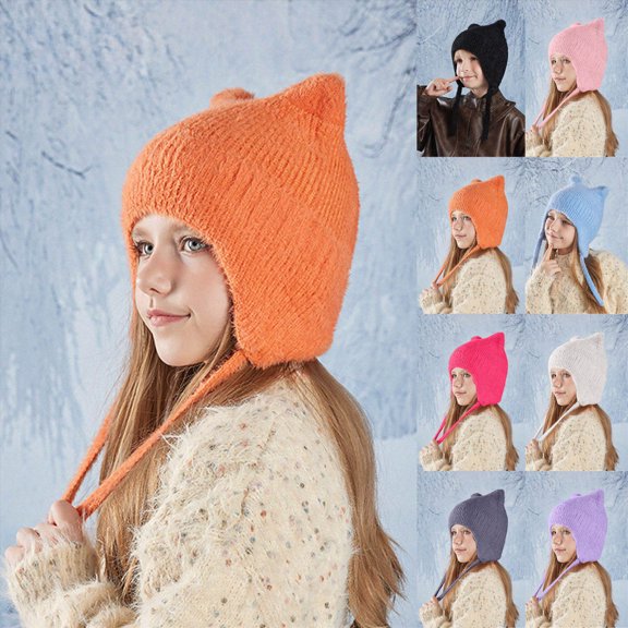 Kids Girls Beanie Cute Hat Outdoor Warm Solid Hats Kids Pullover Hat One Size