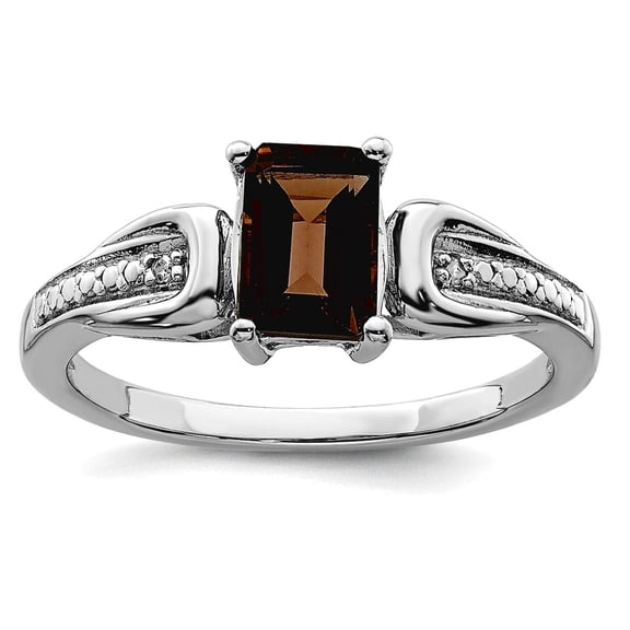 925 Sterling Silver Diamond and Smoky Quartz Ring Size 9 2mm Wide Ring for Women - .010 dwt .95 cwt