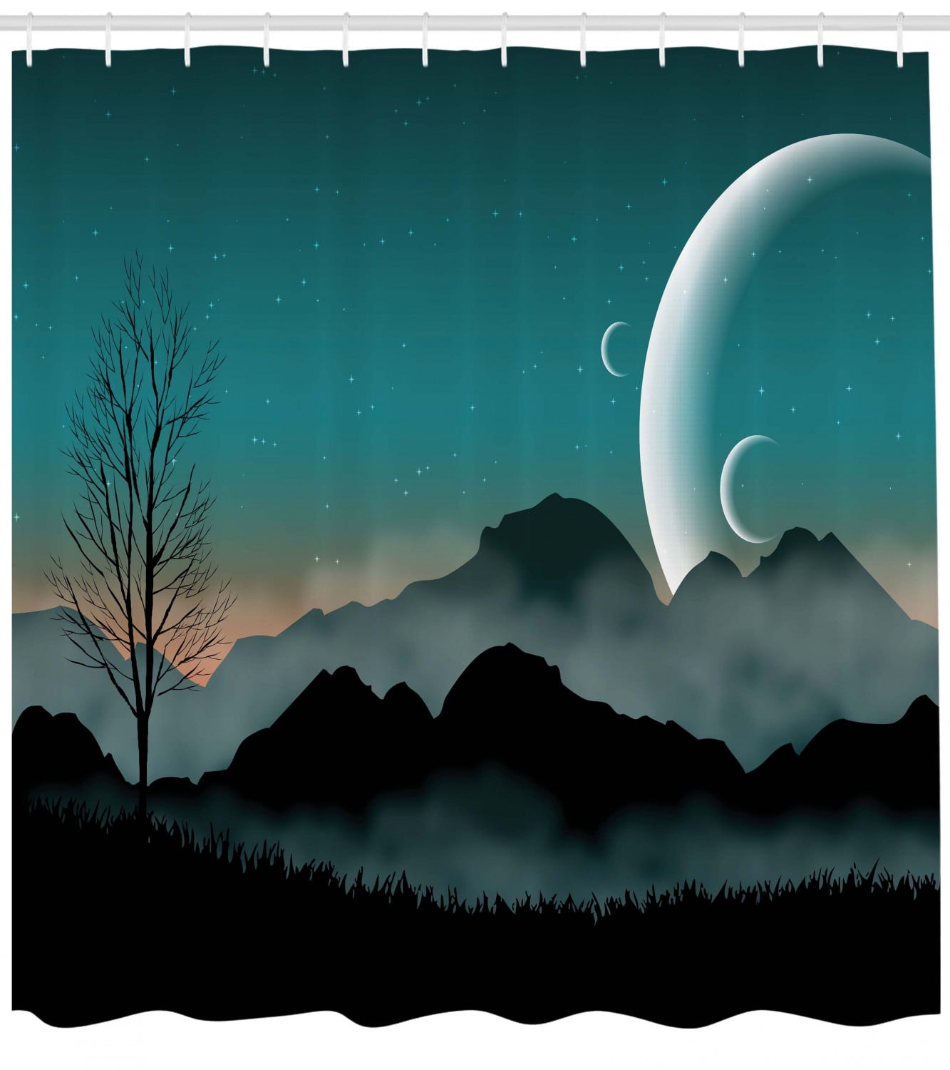 Space Shower Curtain Night Sky On Mountain Range Forest Crescent