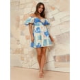 thumbnail image 4 of Women'S Boho Floral Mini Dress Puffy Short Sleeve Cutout V Neck Casual Long Beach Dress Blue Print L, 4 of 8