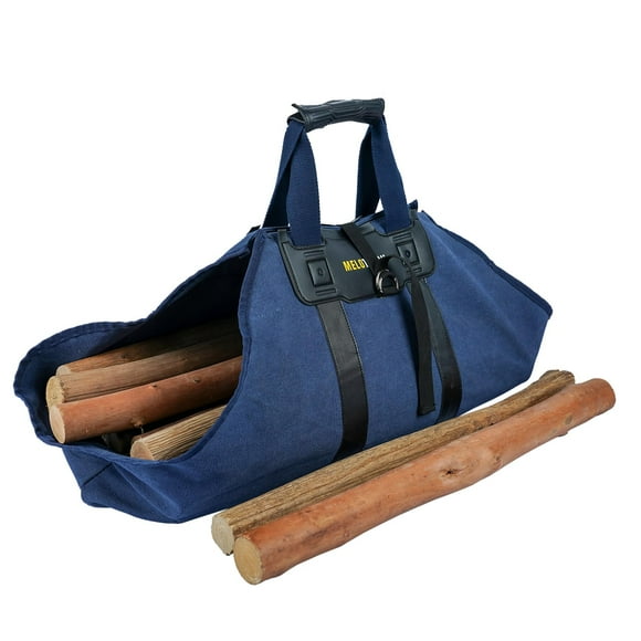 MeloTough Porte-Bûches en Toile avec Poignée en Silicone Souple, Support en Bois avec Sangle de Sécurité pour Transporter le Bois au Cheminée, Poêle, Feu de Camp Ou Feu de Camp (Bleu Marine)