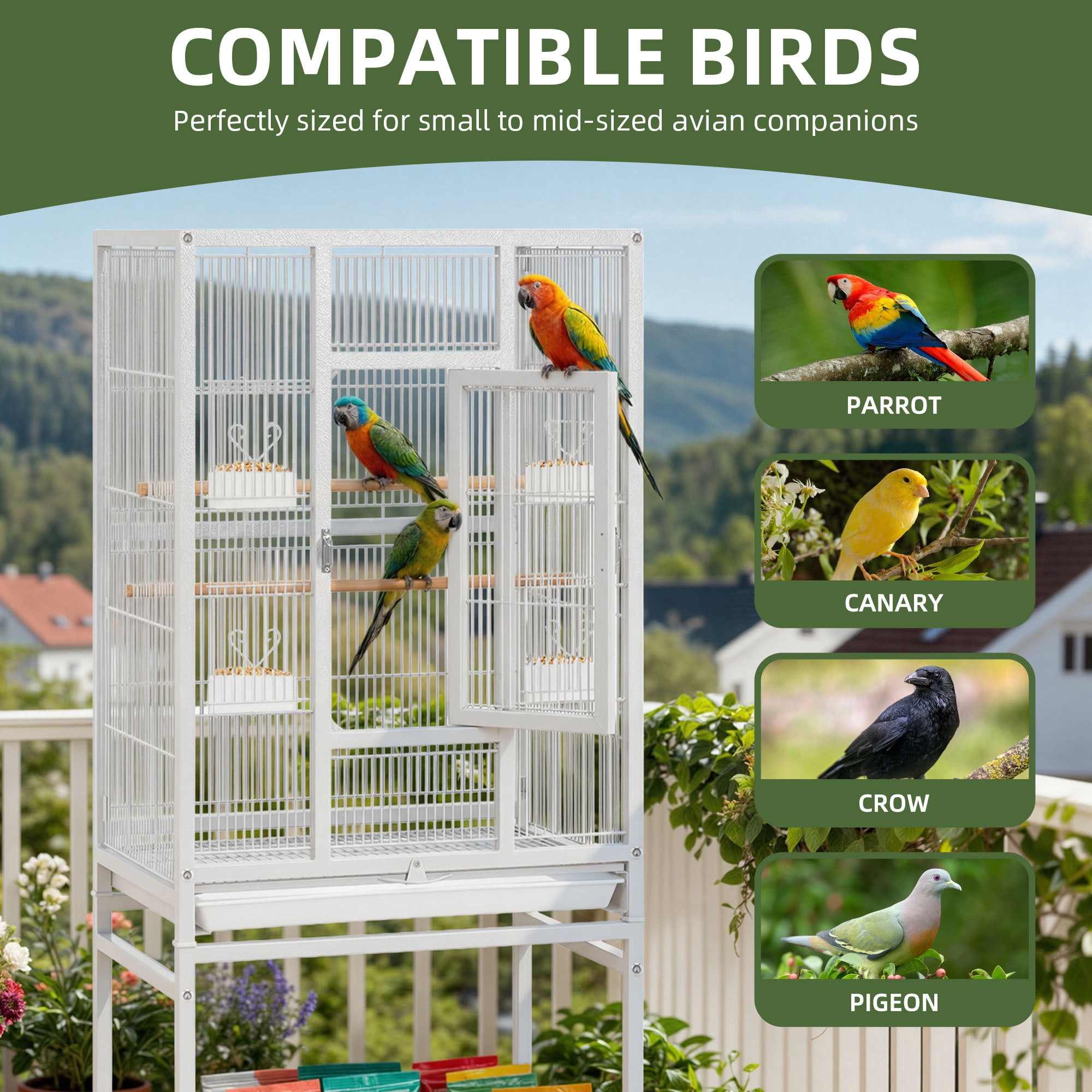 Uforic 53" White Metal Birdcage with Rolling Stand, 2 Perches & 4 Feeders for Small-Medium Birds