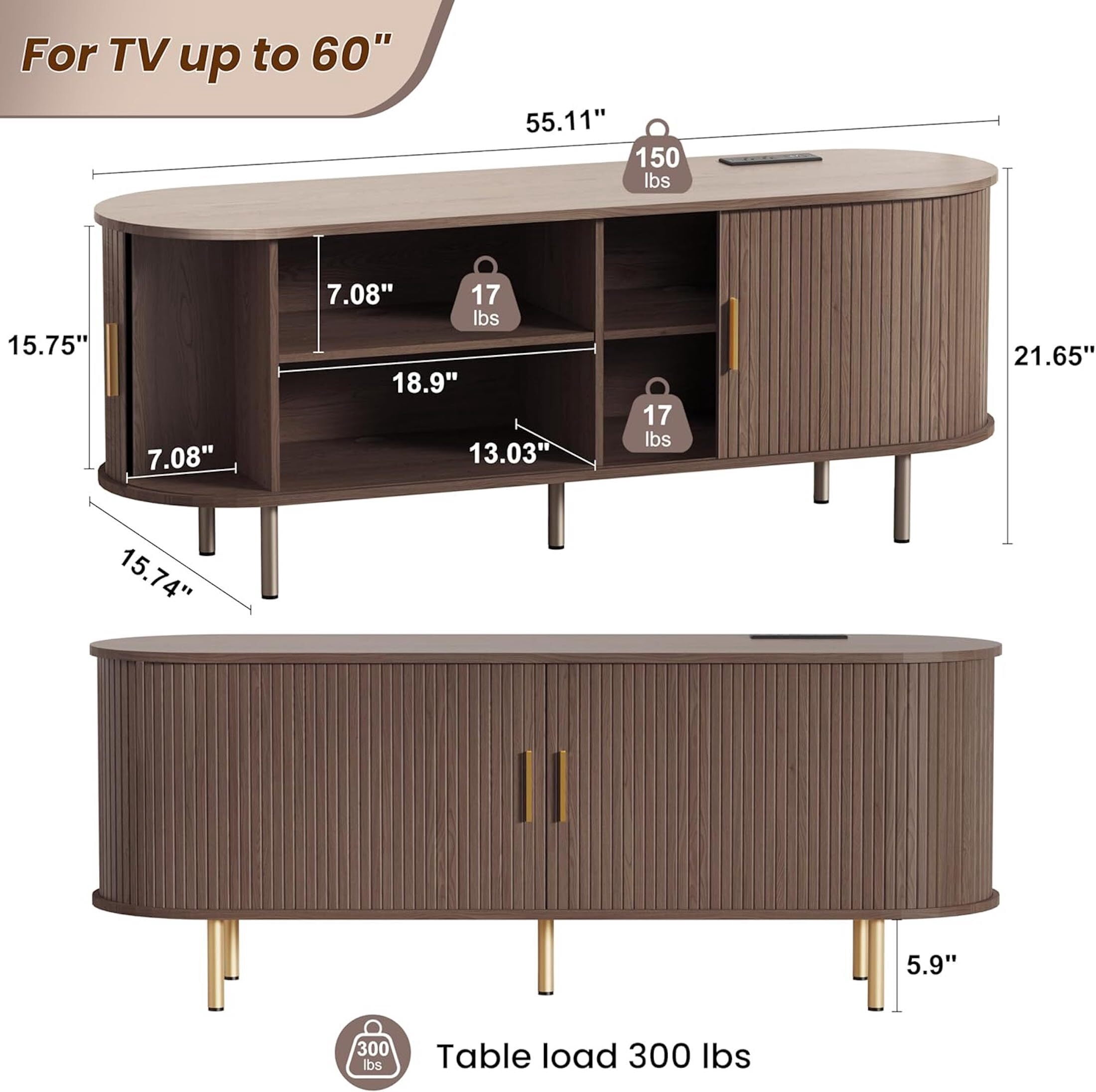 Aisword 55 Inch TV Stand with Power Outlet for TVs up to 60 Inch, Entertainment Center with Storage and Adjustable Shelves, Media Console with Sliding Doors for Living Room, Brown