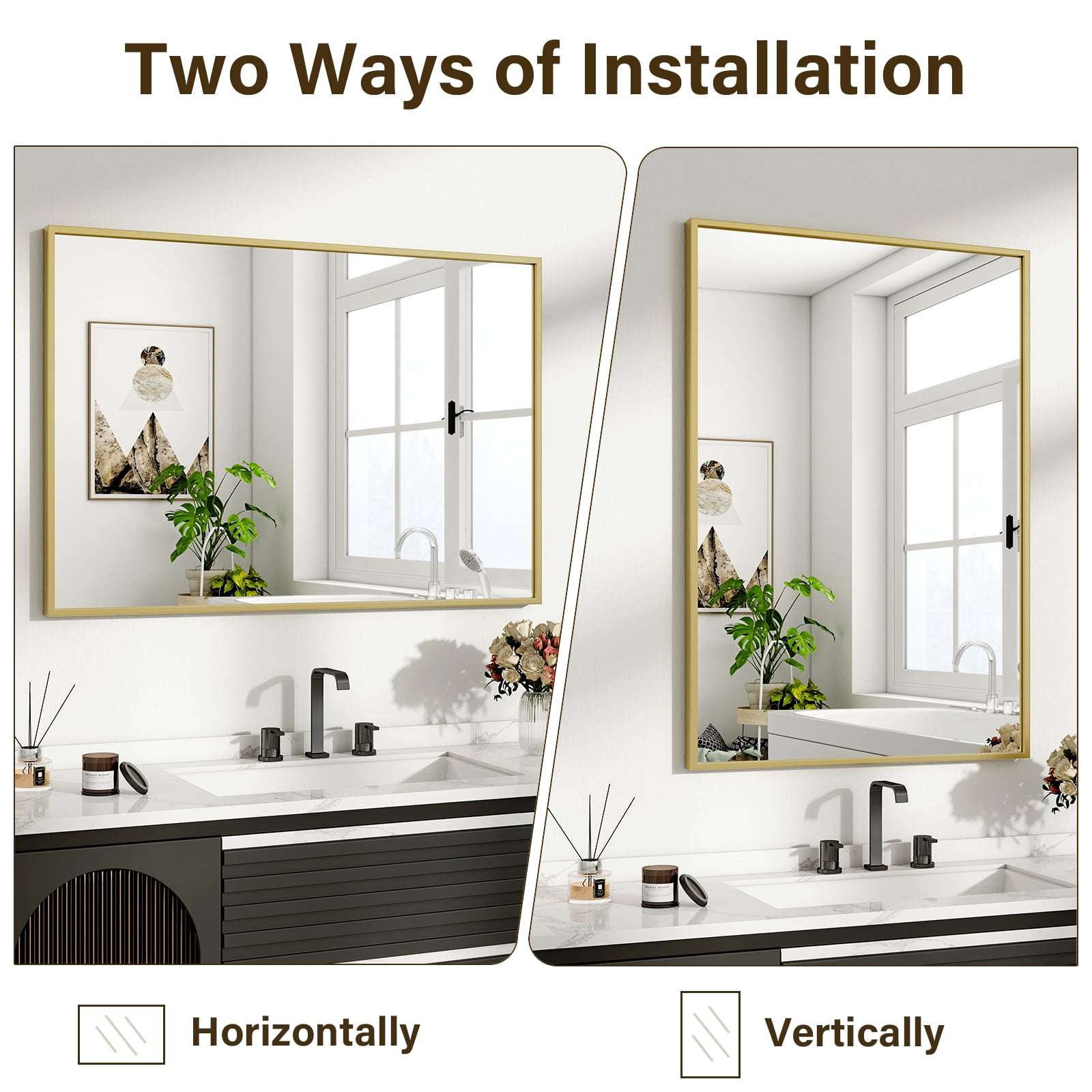 Easy4Home 38"x26" Rectangular Bathroom Mirror Decorative Wall Mounted Vanity Mirror, Gold