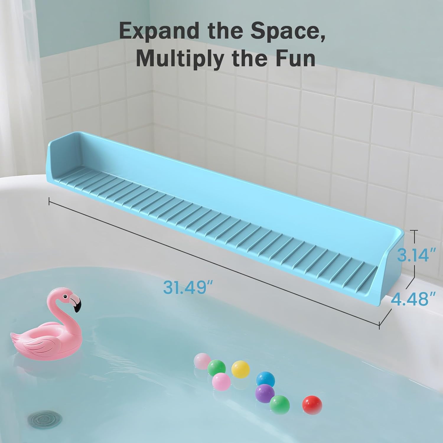 Bathtub Splash Guard with Toy Tray and Strong Suction Cups, Silicone Water Barrier Keeps Floor Dry, Bath Shelf Storage for Baby Toddler Bath Time, Foldable No Mess Accessory for Tub