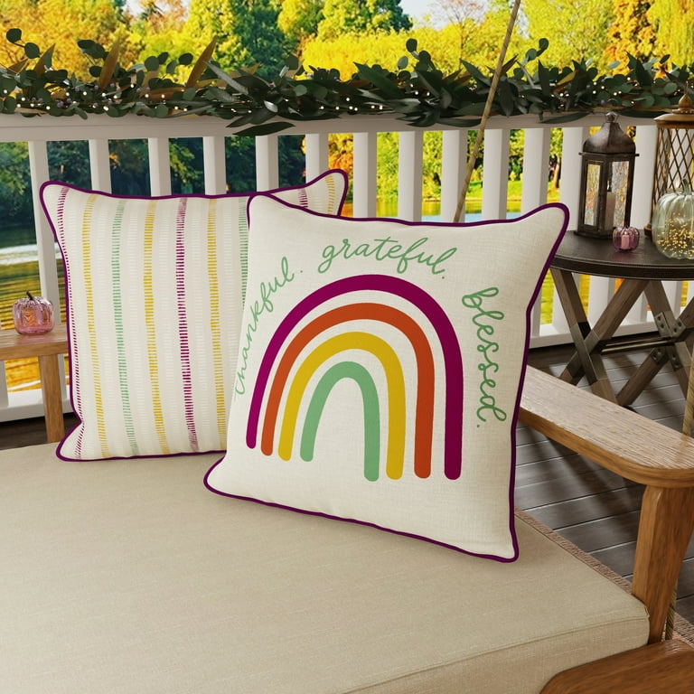 Mainstays Thankful Grateful Blessed Rainbow Reversible Outdoor Throw Pillow 16